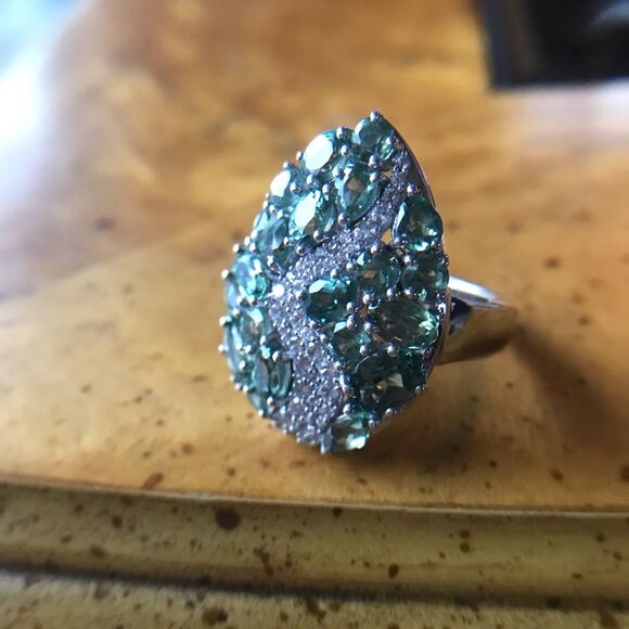 Natural Green Apatite Sterling Silver Cocktail Ring Size 7 - Picture 8 of 9